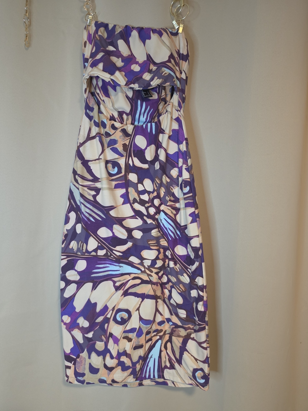 Forever 21 Strapless Butterfly-Print Midi Dress in Purple, Cream and Light Blue